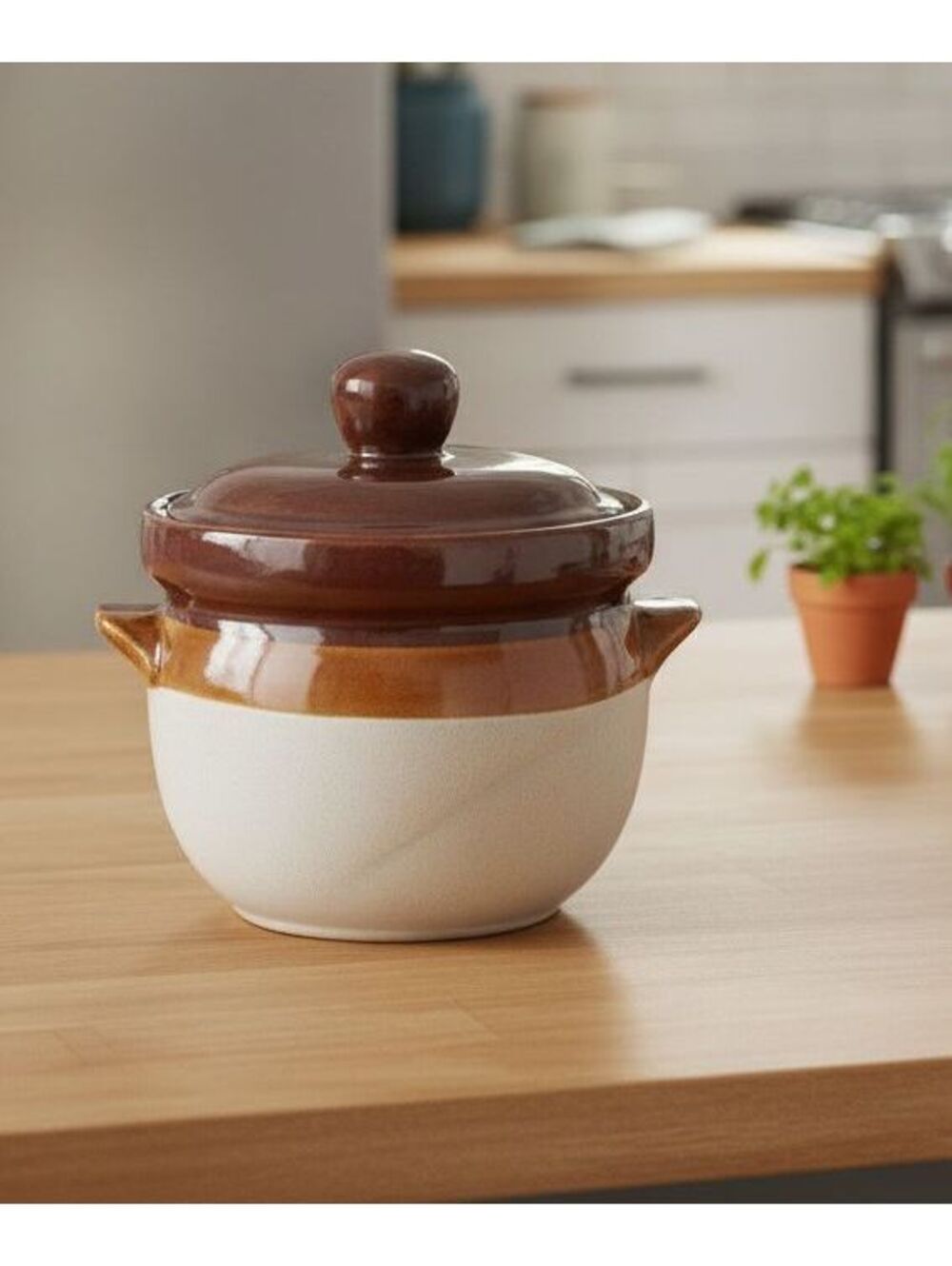 Vintage Ceramic Brown and Cream Covered Pot with Handles